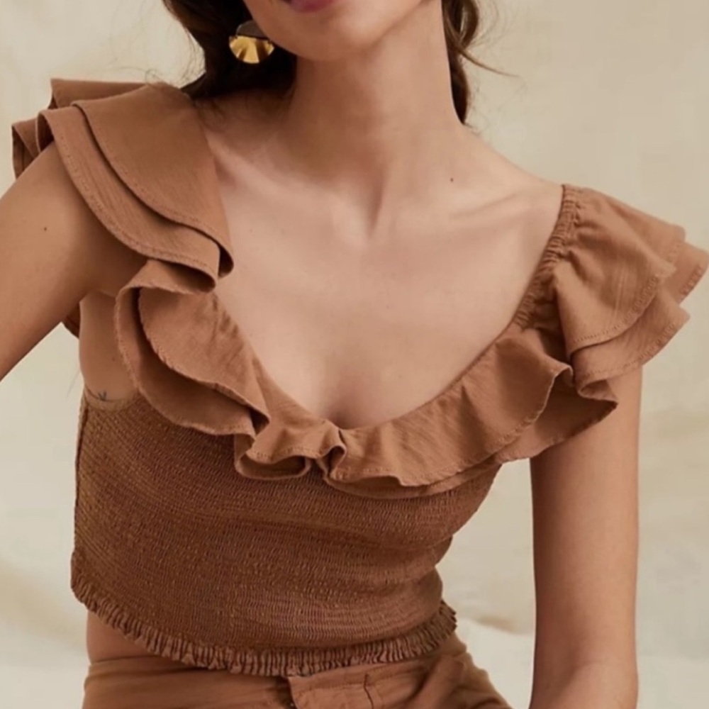 NWT Anthropologie Maeve Neutral Ruffled Smocked Crop Top